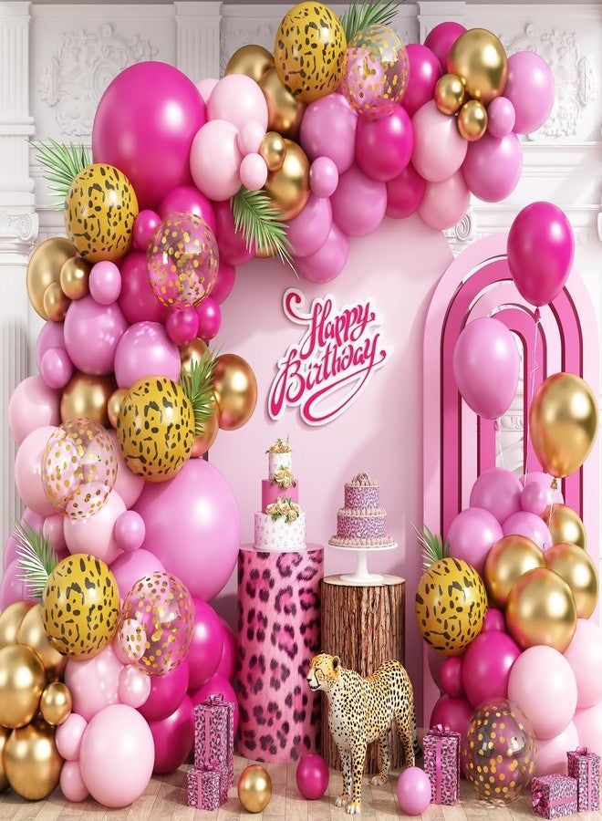 Vibzox Hot Pink Cheetah Print Balloon Arch Kit, Pink Gold Balloons Garland with 4D Foil Leopard Balloon for Safari Jungle Wild Cheetah Print Birthday Bridal Shower Party Decorations - Image 1